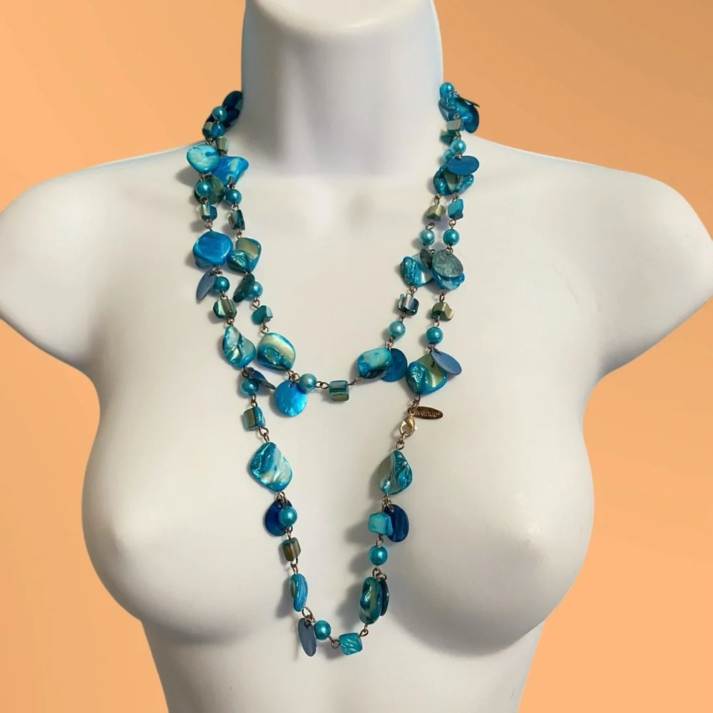 AVENUE Blue Natural Seashells Long Necklace Bohemian Style Oceancore Beachcore - Picture 9 of 9